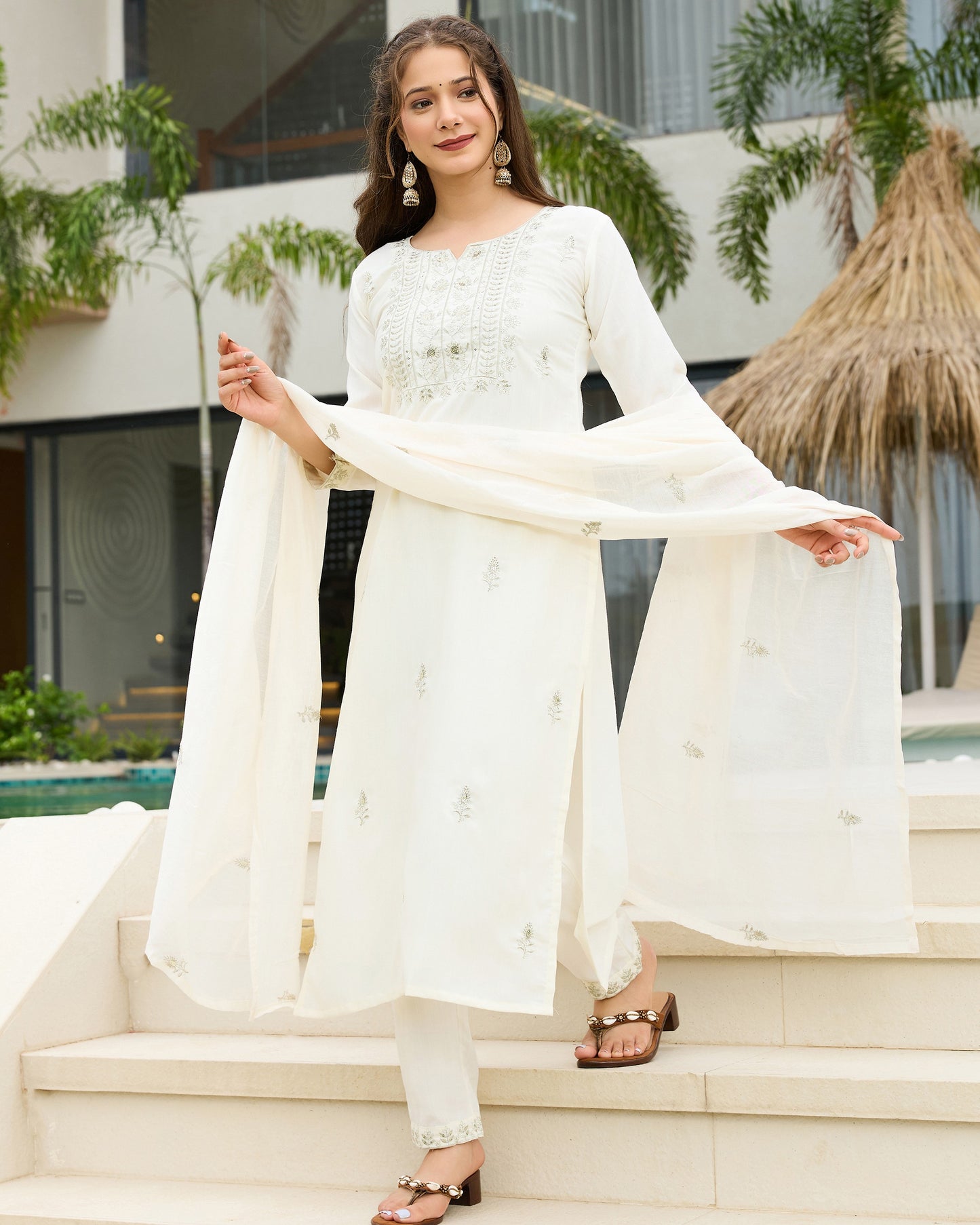 Shweta Ivory White Sage Green Embroidered Kurta Set