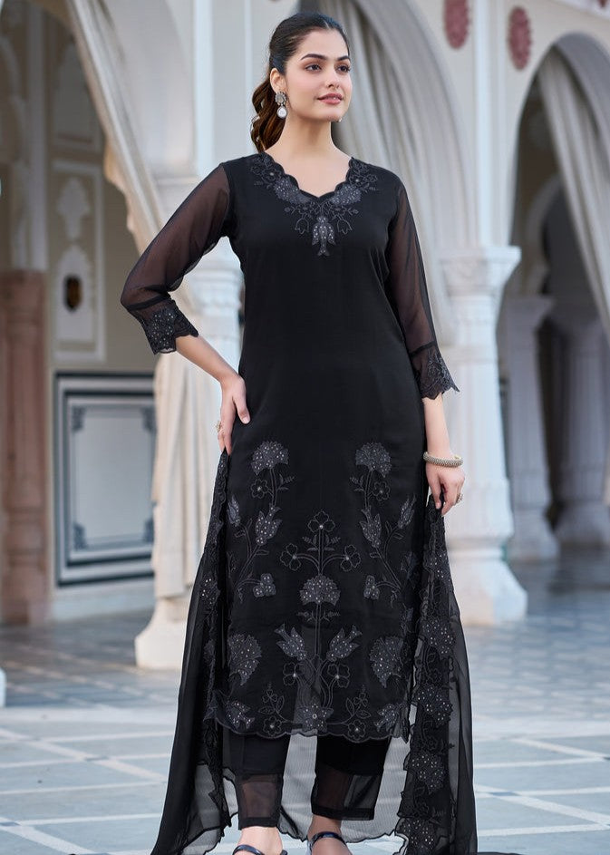 Raayka Noir Black Tone-on-Tone Floral Embroidered Kurta Set