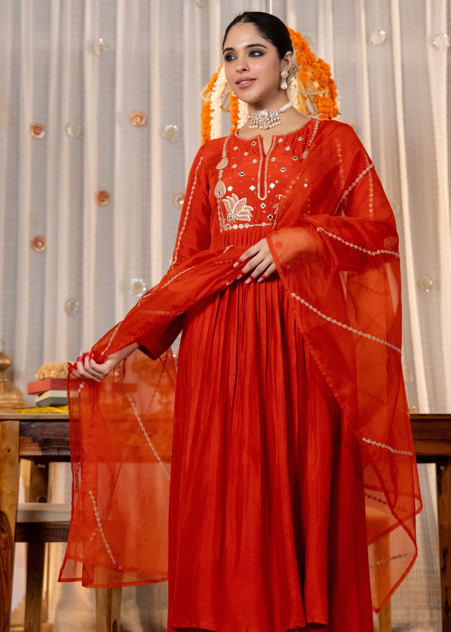 Laali Brick Red Mirror and Lotus Embroidered Suit Set