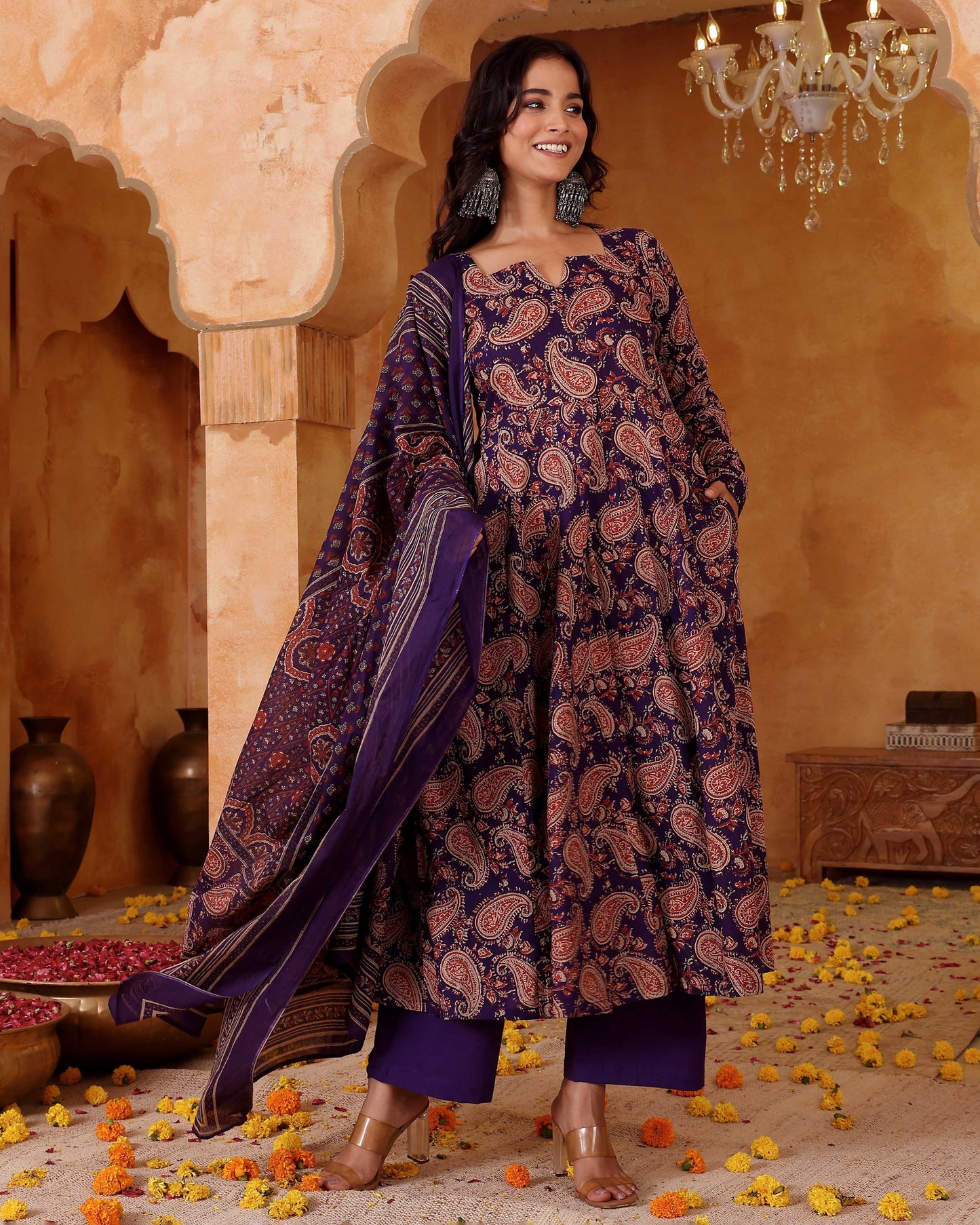 Kashish Deep Purple Allover Paisley Print Rayon Suit Set