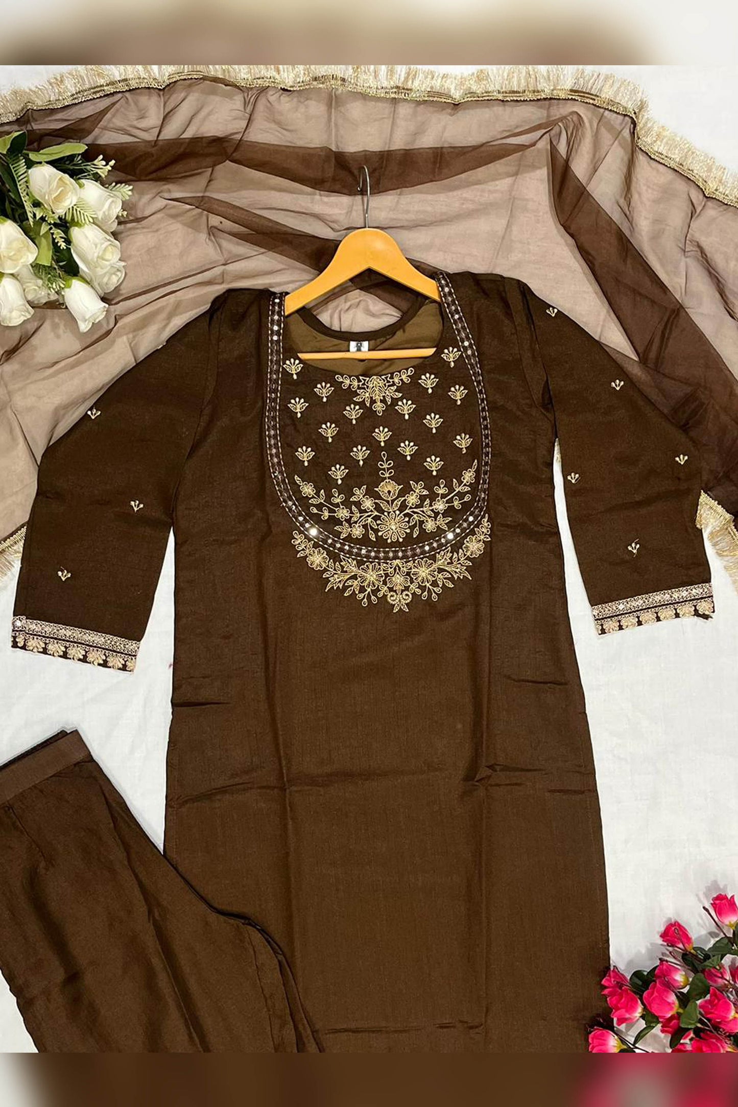 Tamanna Brown Vichitra Silk Embroidered Kurta Set