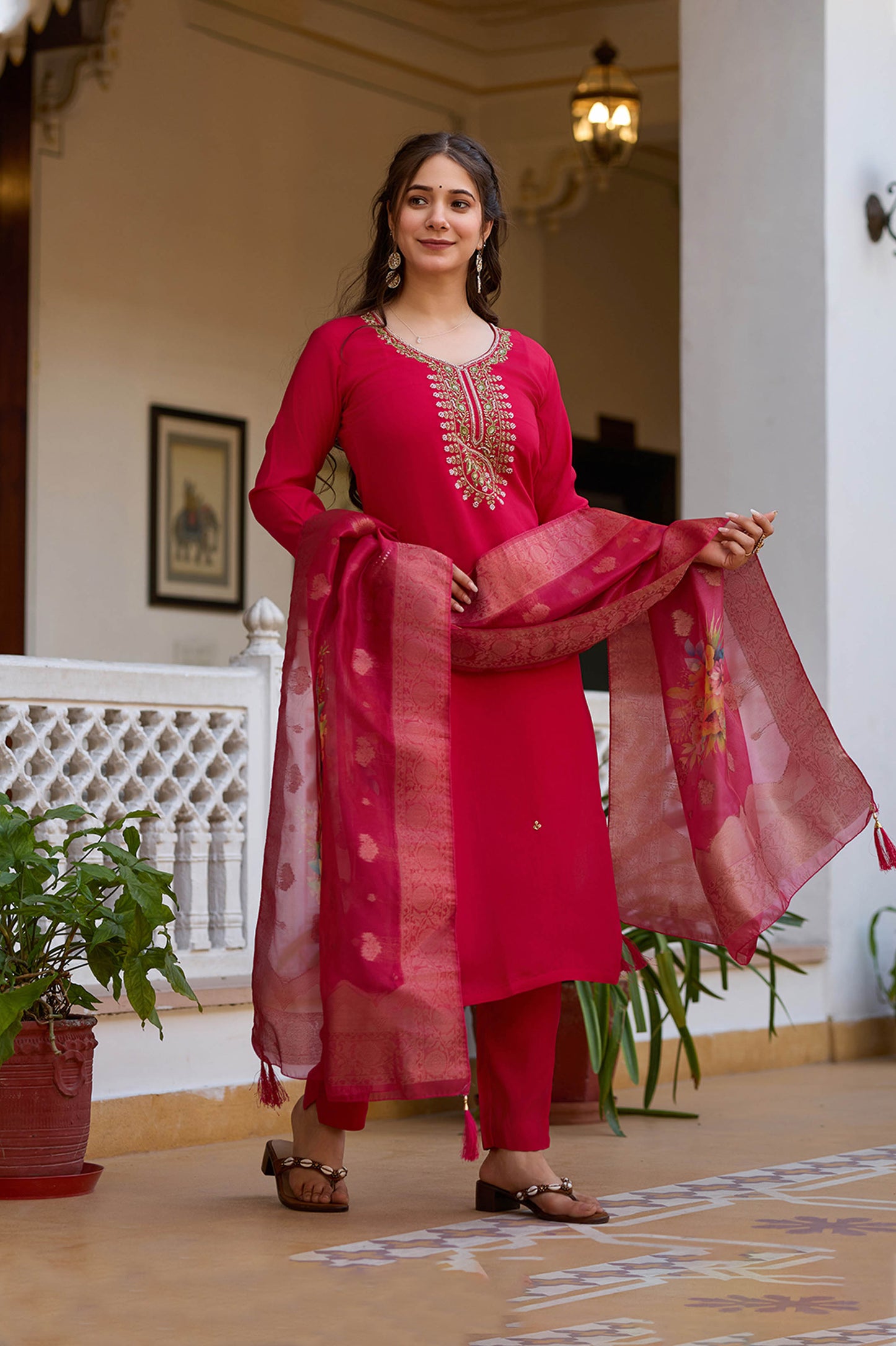 Rangita Rani Pink Viscose Chanderi Embroidered Kurta Set