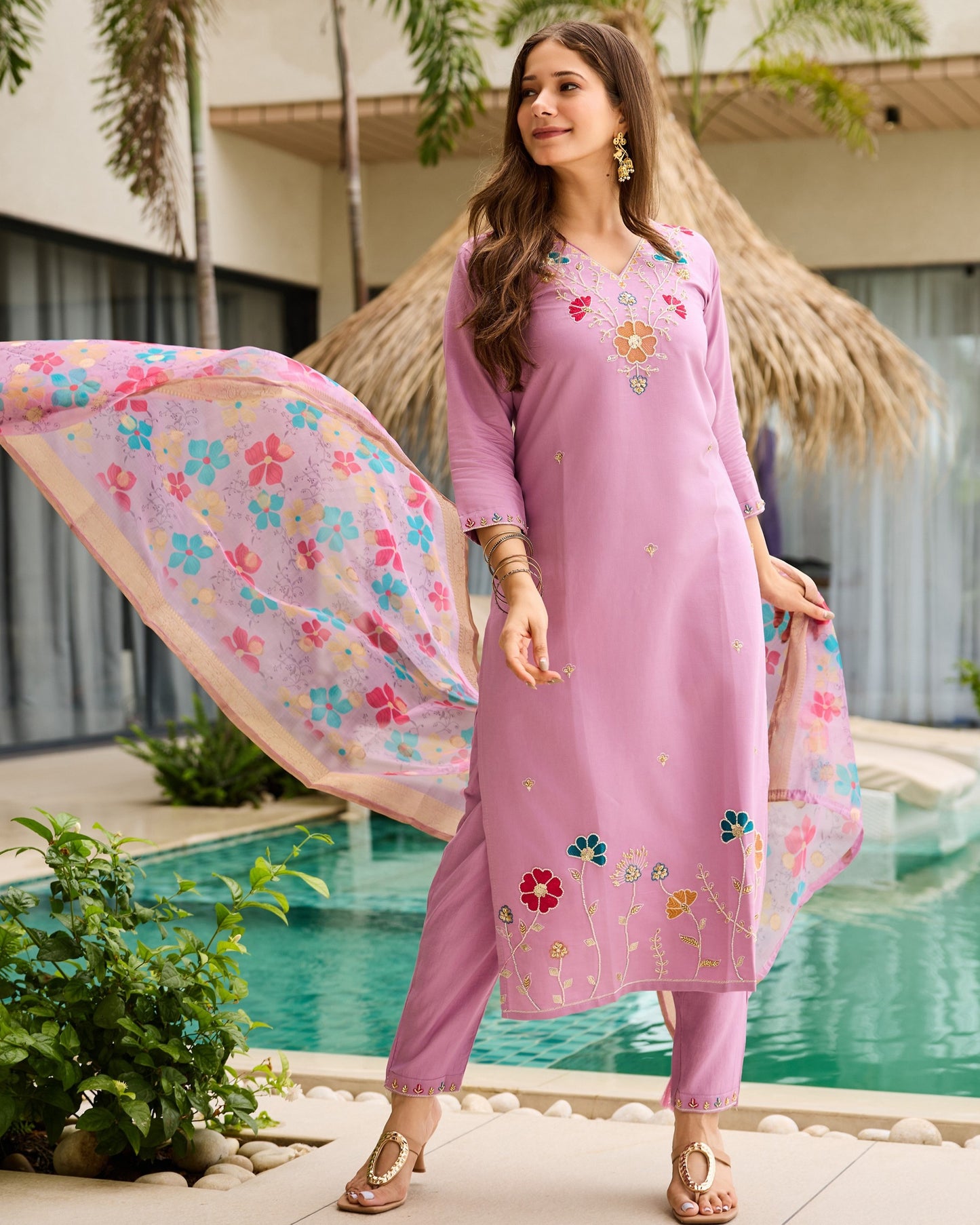 Roohi Lilac Pink Multicolour Floral Beads Embroidered Kurta Set