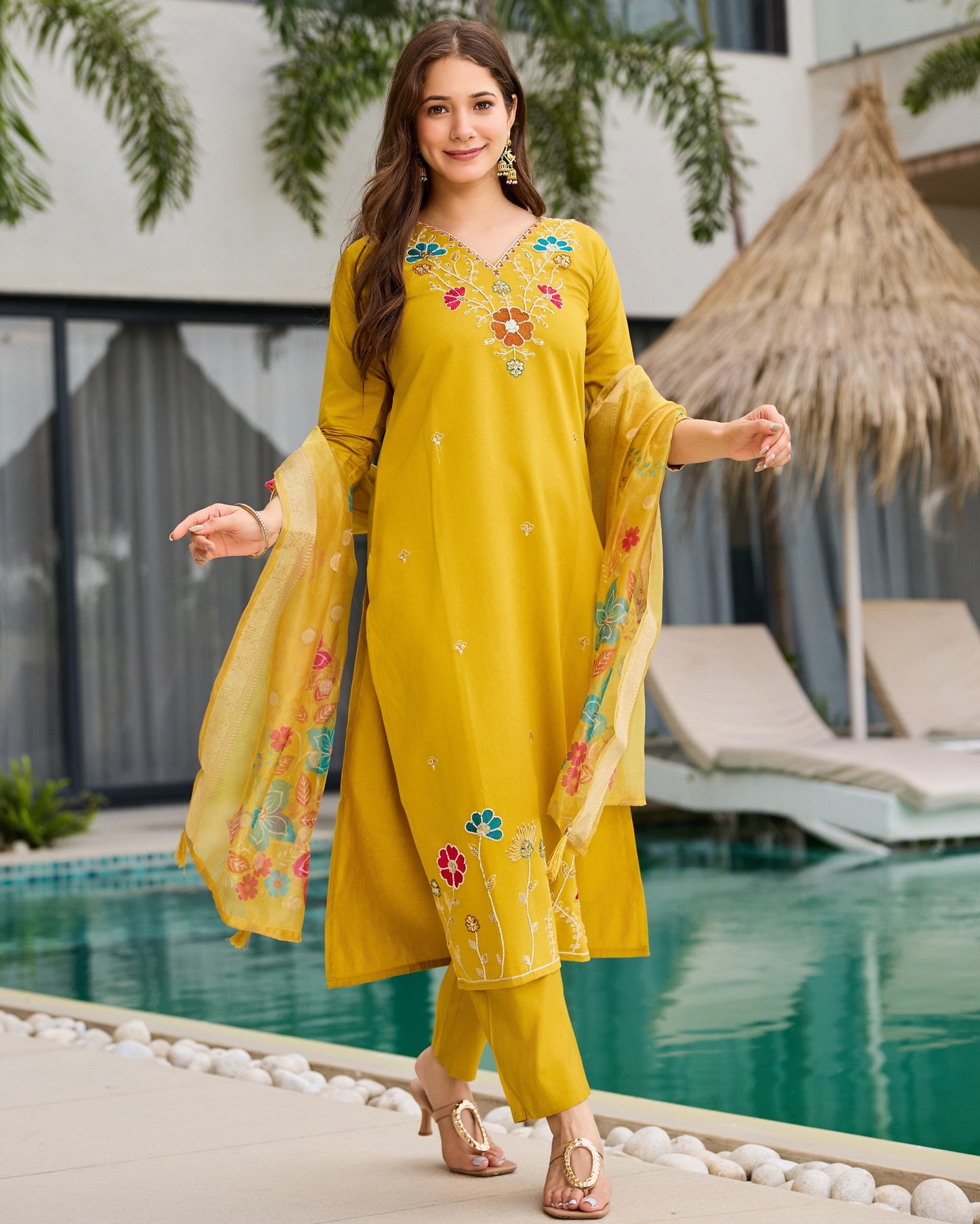 Roohi Mustard Yellow Multicolour Floral Beads Embroidered Kurta Set