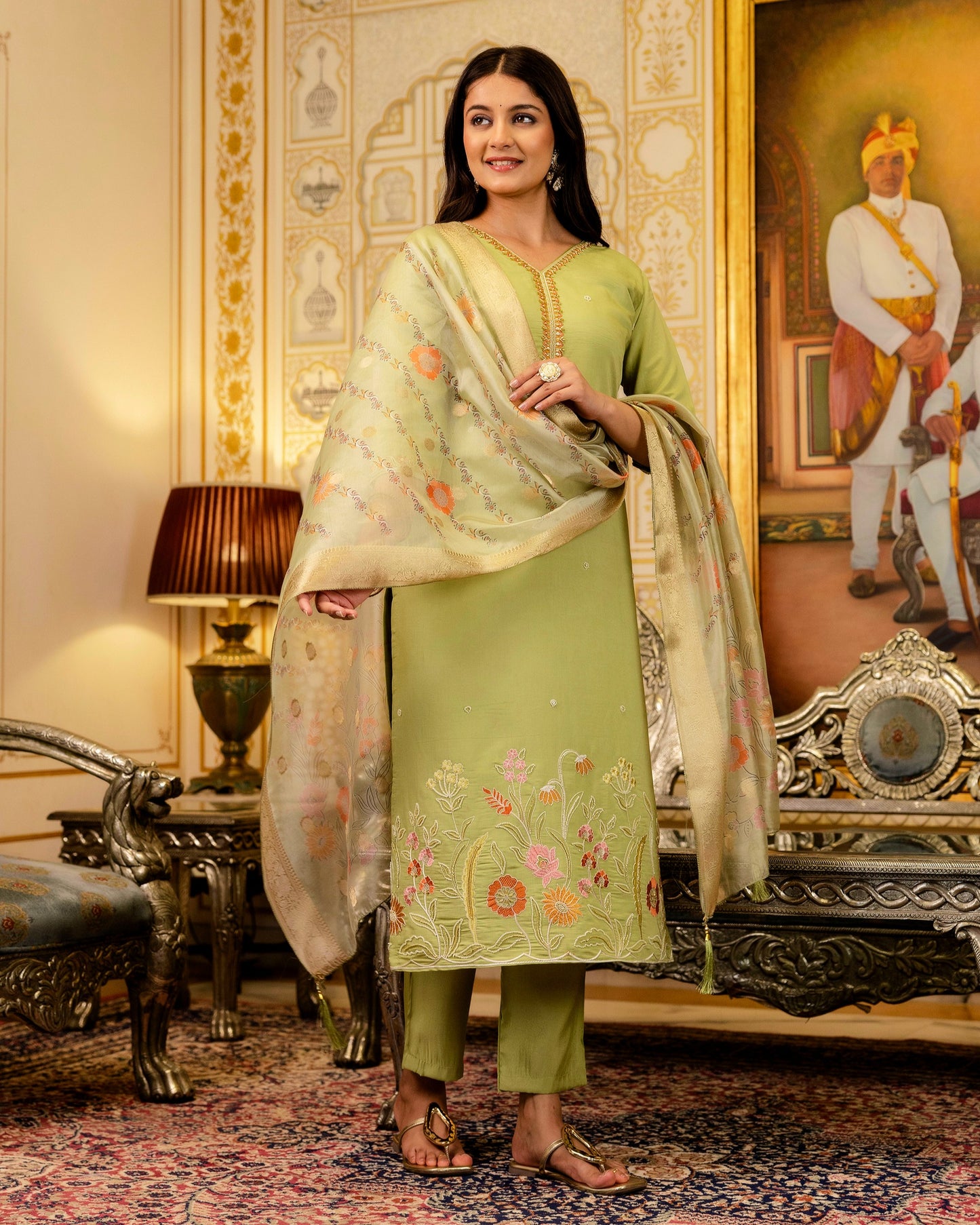 Bahar Pista Green Gota and Resham Floral Embroidered Kurta Set