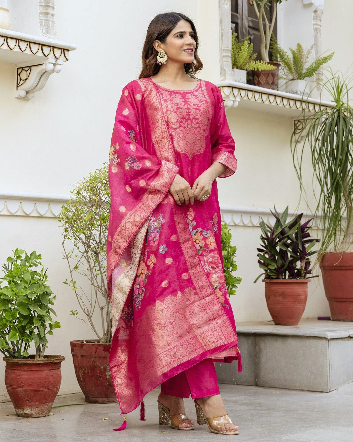 Gulnoor Rani Pink Mughal Woven And Floral Print Kurta Set
