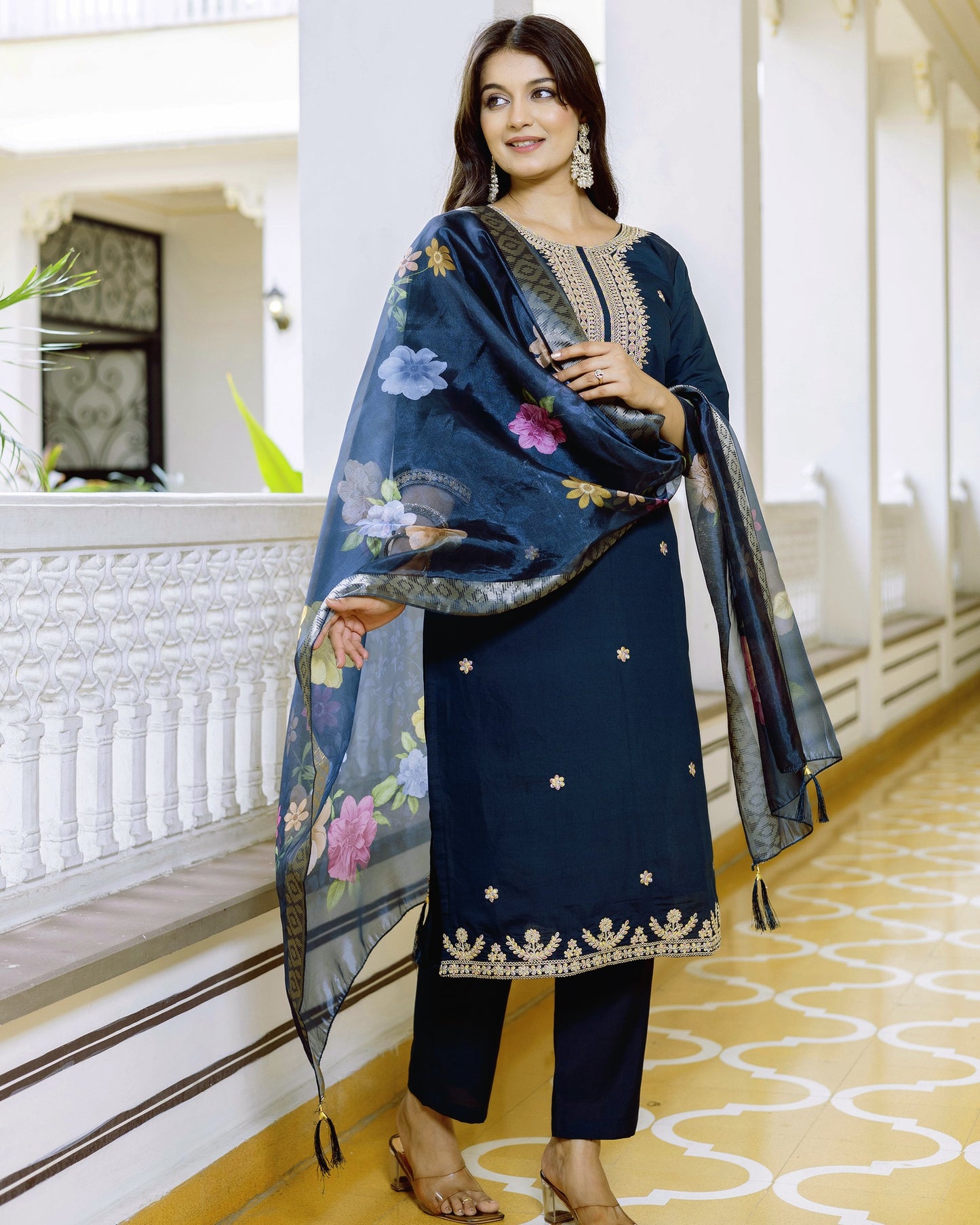 Tarang Teal Blue Gold Zari & Resham Embroidered Kurta Set