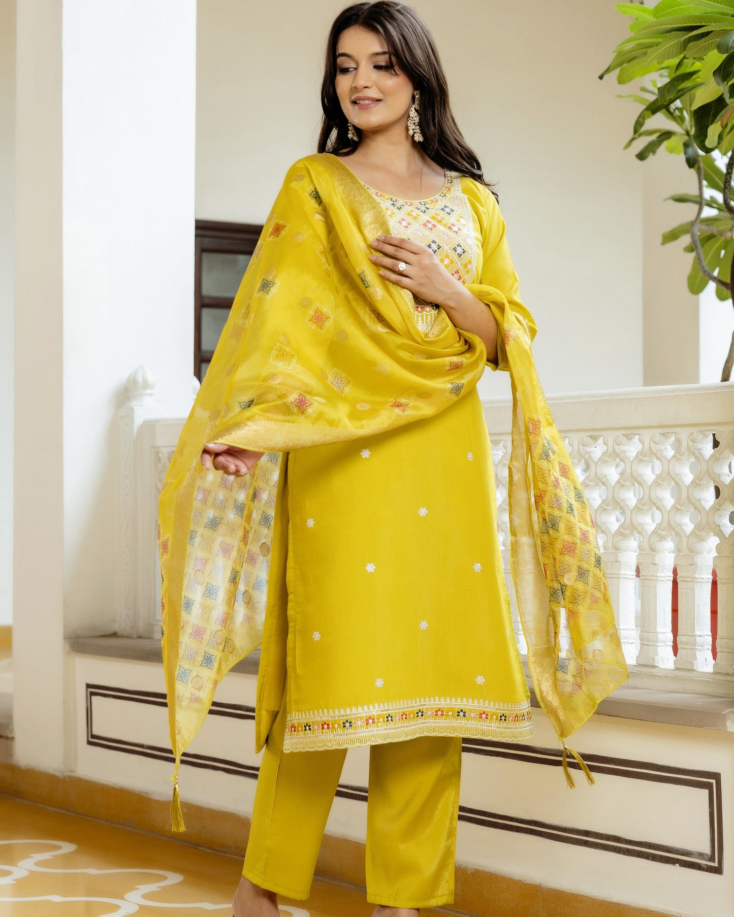 Kesari Lime Yellow Multicolour Geometric Embroidered Kurta Set