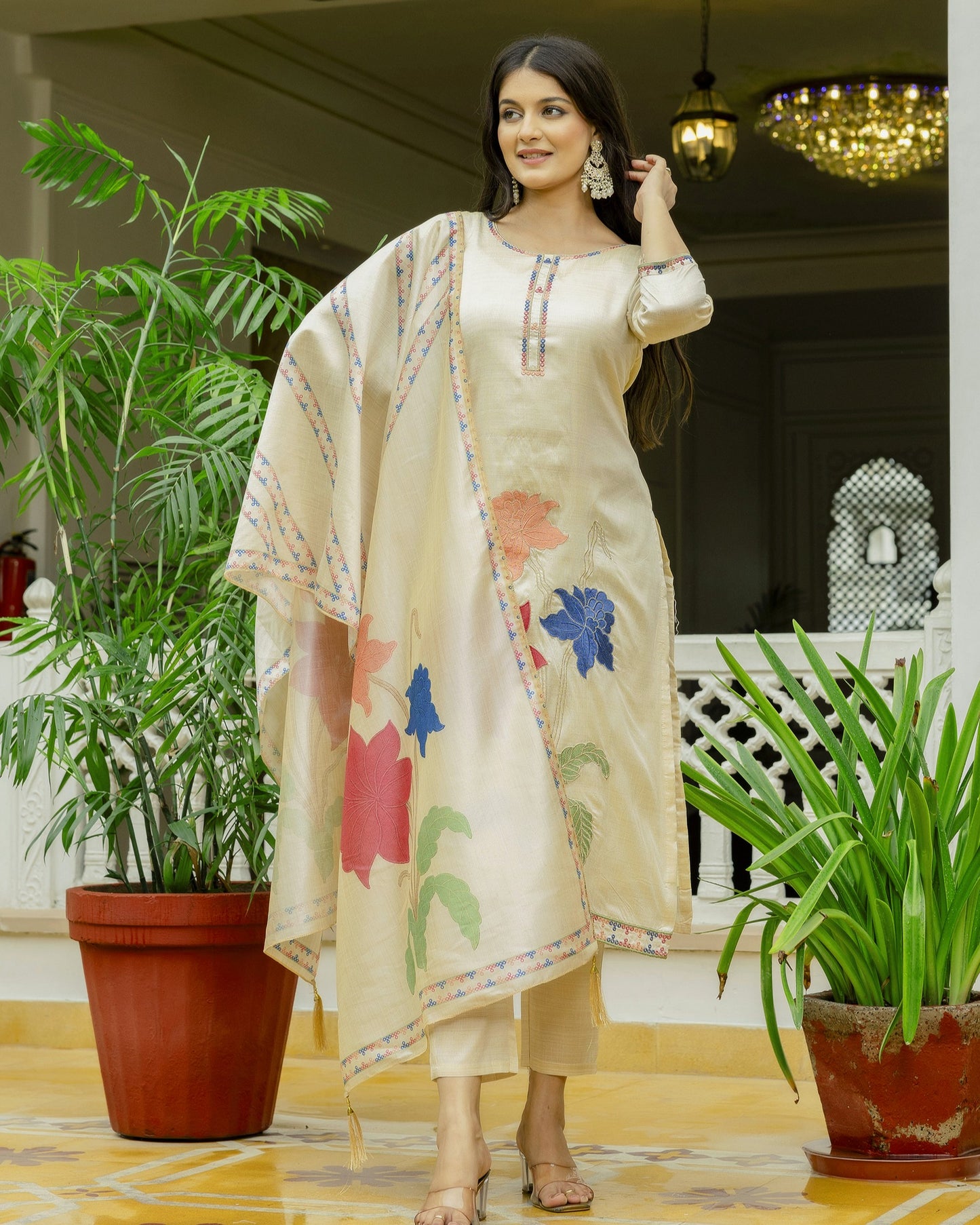 Shreya Cream Gold Multicolour Embroidered Kurta Set