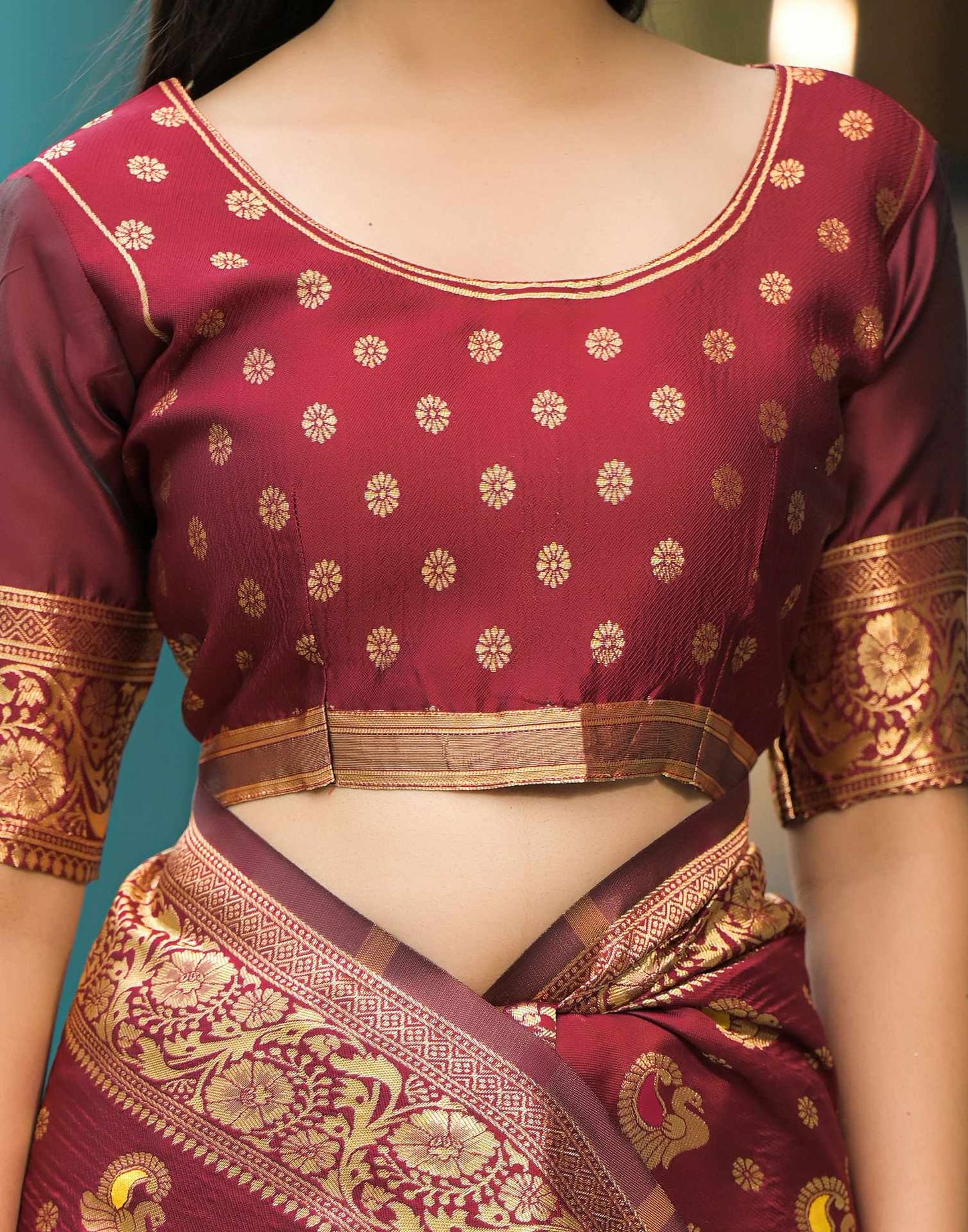 Elegant Maroon Banarasi Silk Saree with Antique Gold Zari Work
