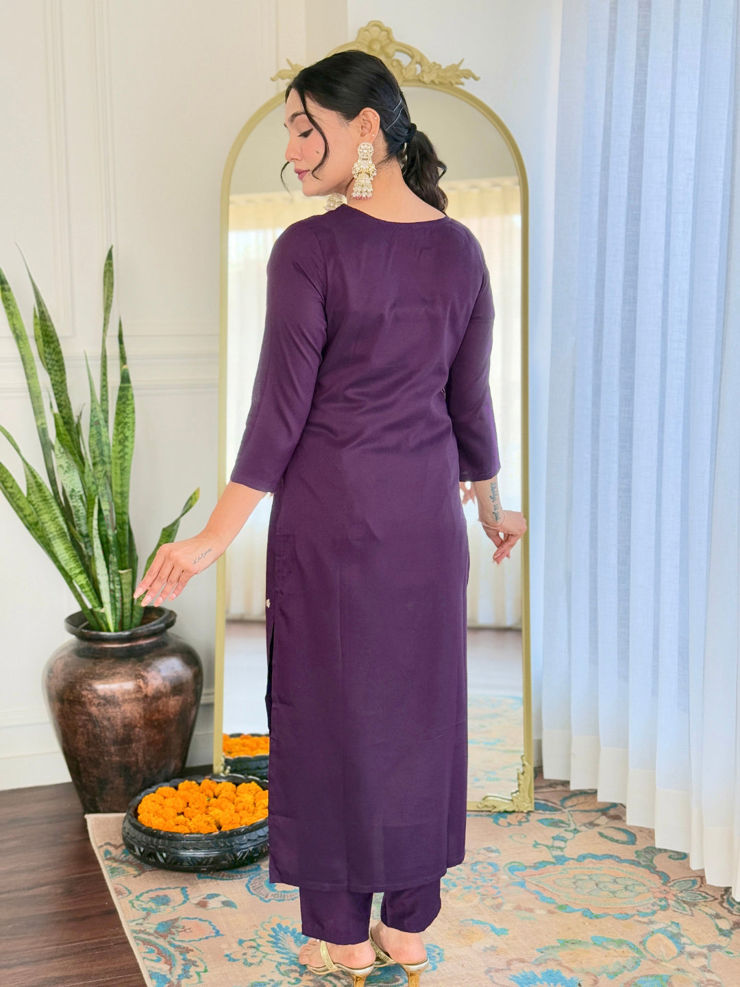 WINE RAYON EMBROIDERED KURTA PANT DUPATTA SET