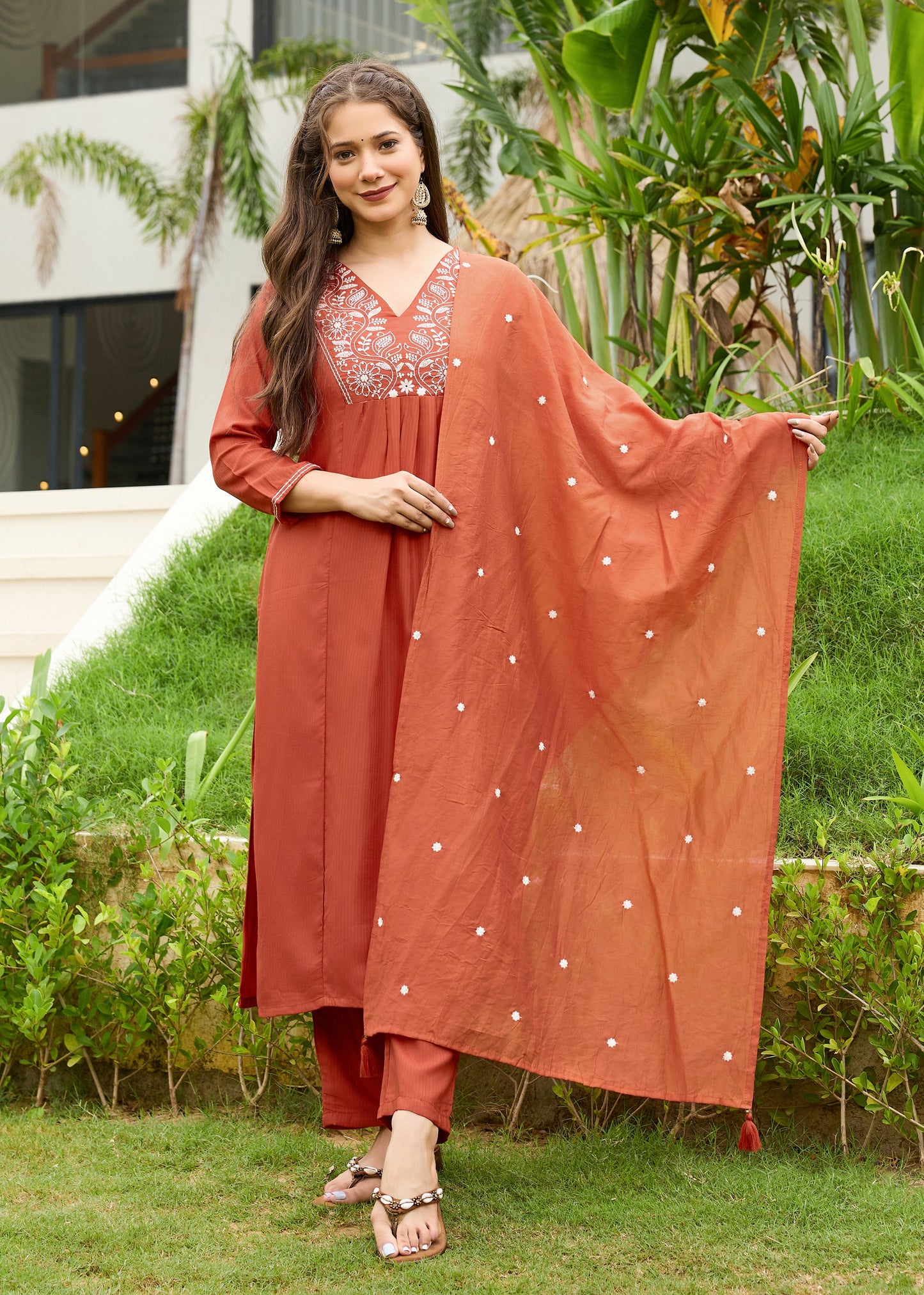 Rani Rust Embroidered Kurta Set