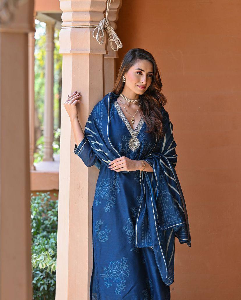 NORA INDIGO HAND-EMBROIDERED COTTON SILK SUIT SET