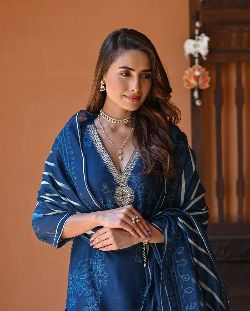 NORA INDIGO HAND-EMBROIDERED COTTON SILK SUIT SET