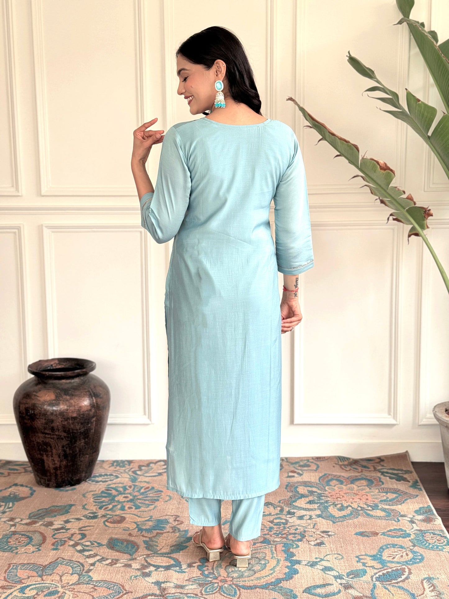 SKY BLUE SILK EMBROIDERED STRAIGHT SUIT SET