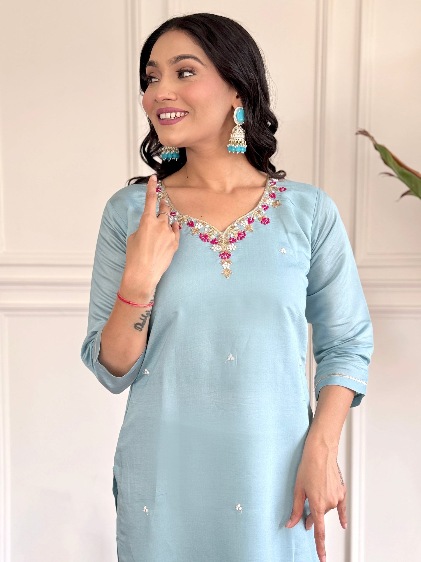 SKY BLUE SILK EMBROIDERED STRAIGHT SUIT SET