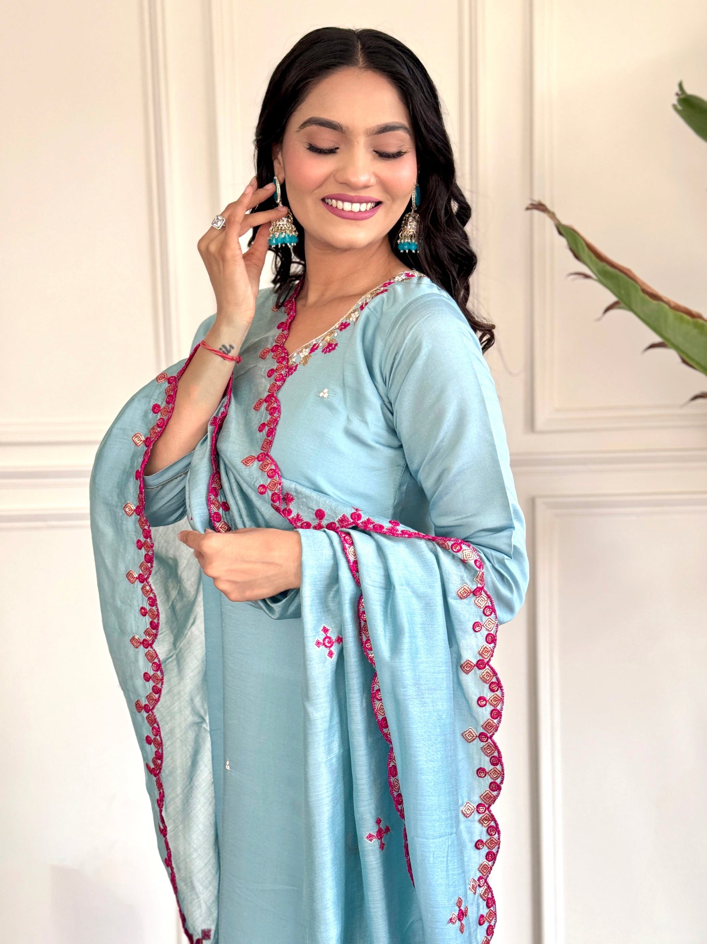 SKY BLUE SILK EMBROIDERED STRAIGHT SUIT SET