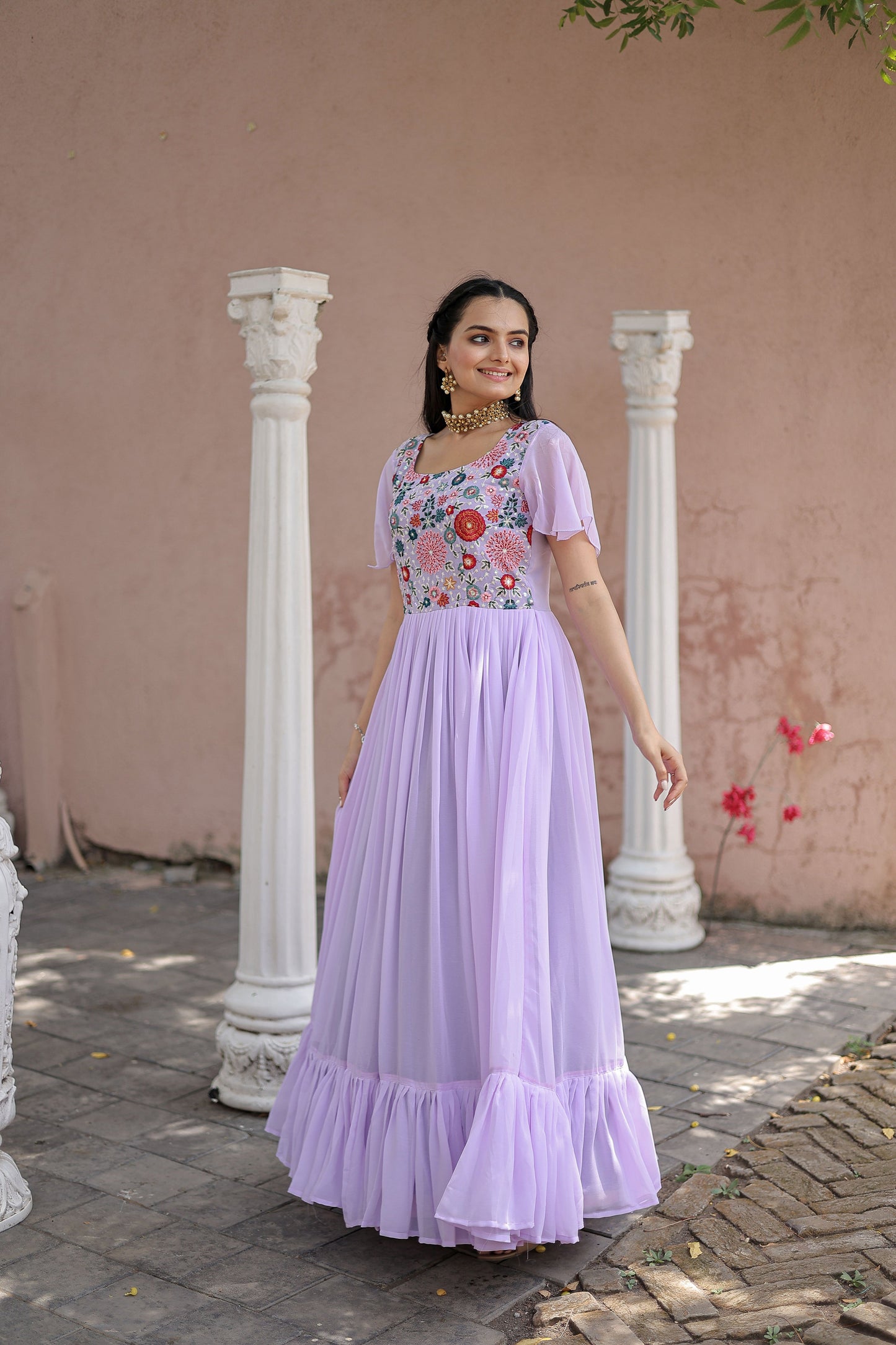 PURPLE FAUX GEORGETTE WITH SEQUINS MULTITHREADED EMBROIDERED WORK GOWN