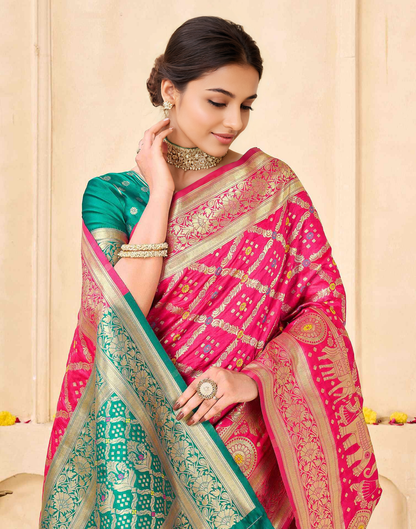 Regal Raniwara Pink and Teal Banarasi Silk Saree