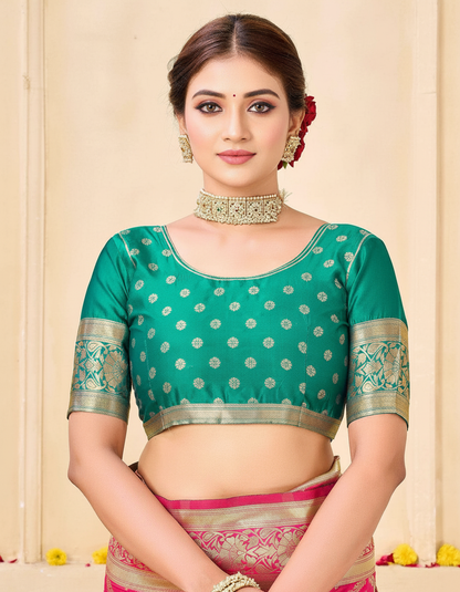 Regal Raniwara Pink and Teal Banarasi Silk Saree