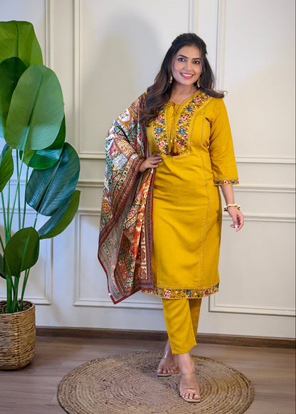 MUSTARD BSY VISCOSE EMBROIDERED KURTA PANT DUPATTA