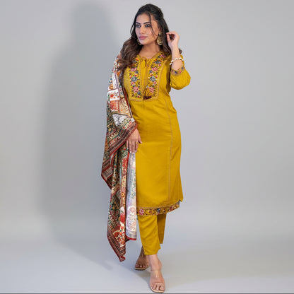 MUSTARD BSY VISCOSE EMBROIDERED KURTA PANT DUPATTA