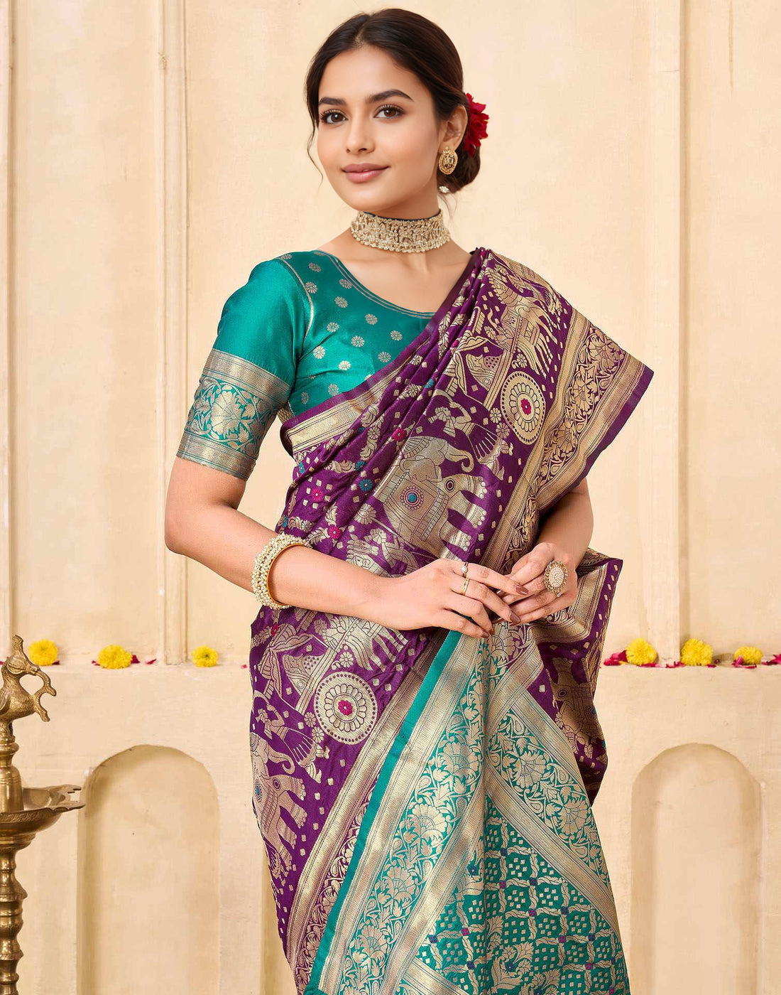 Regal Amethyst Teal Banarasi Silk Saree