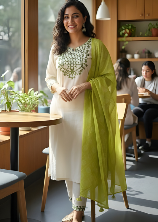 Cream Floral Embroidered Kurta Set