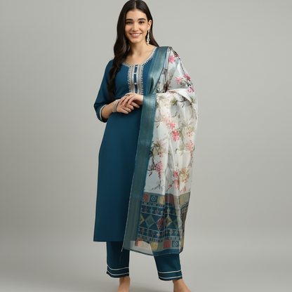 Teal Blue Embroidered Kurta Set