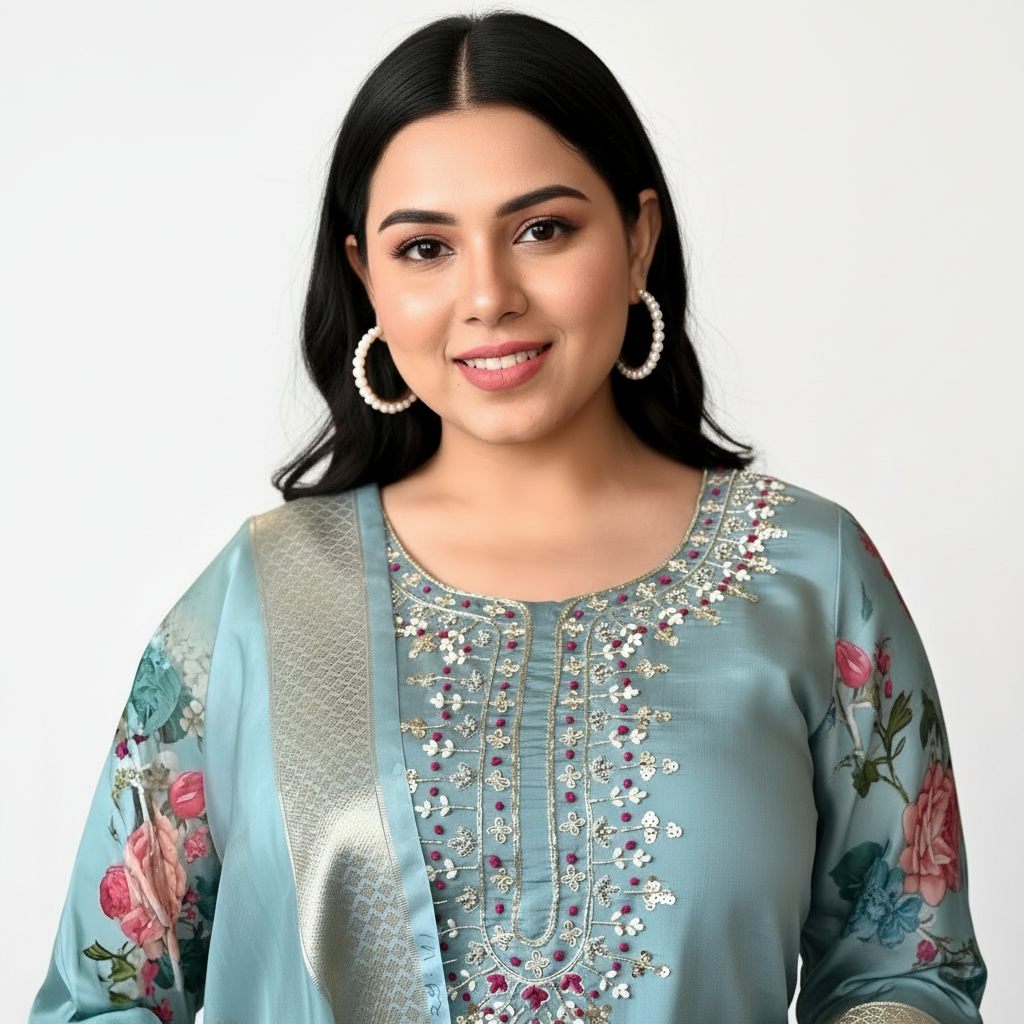 Celestial Bloom Magic Cotton Kurta Set – Misty Aqua Elegance