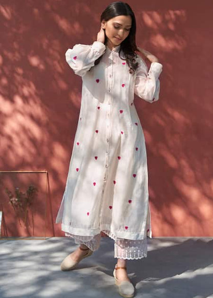 WHITE WITH RED HEART EMBROIDERY KURTA SET