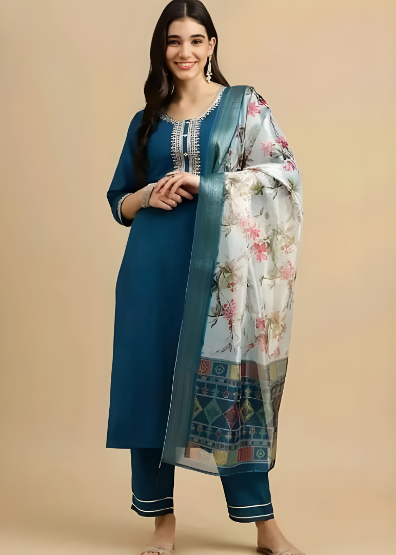 Teal Blue Embroidered Kurta Set