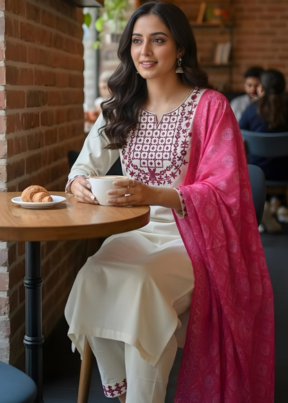 Ivory Floral Embroidered Kurta Set