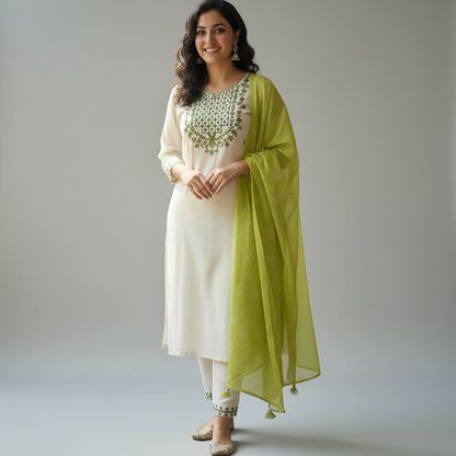Cream Floral Embroidered Kurta Set