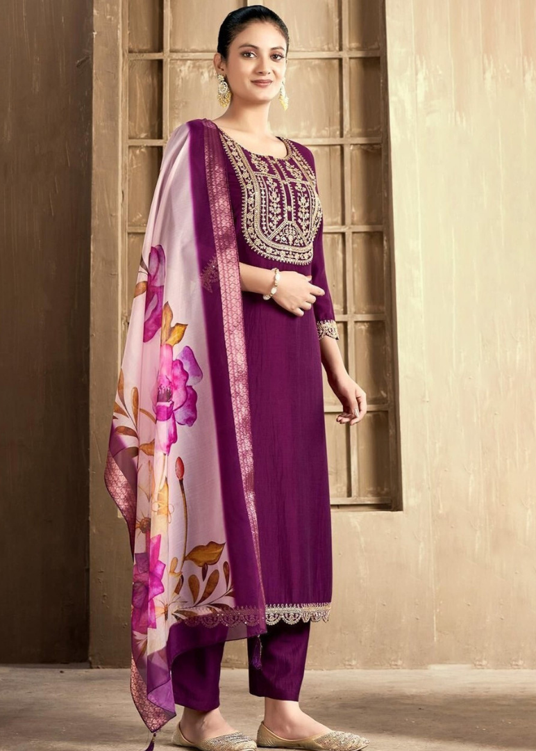 Regal Wine Bloom Embroidered Chanderi Kurta Set