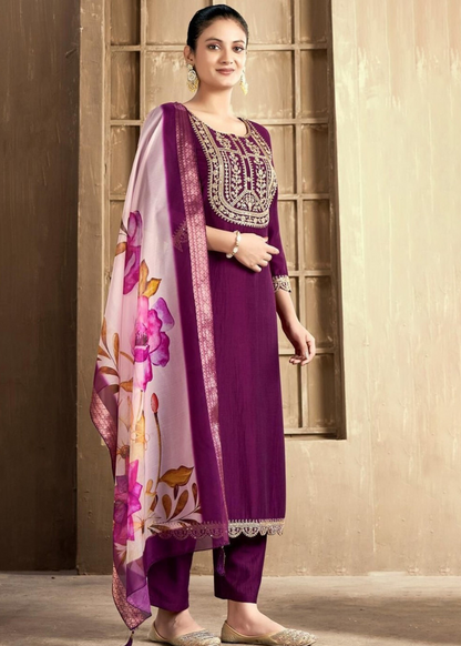Regal Wine Bloom Embroidered Chanderi Kurta Set