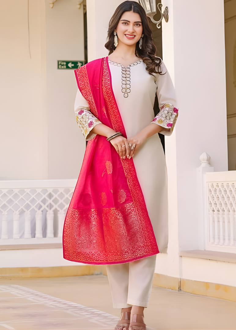 Regal Ivory Rosette Jacquard Kurta Set