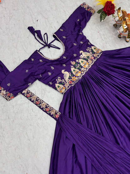 Royal Violet Elegant Flare Embroidered Gown