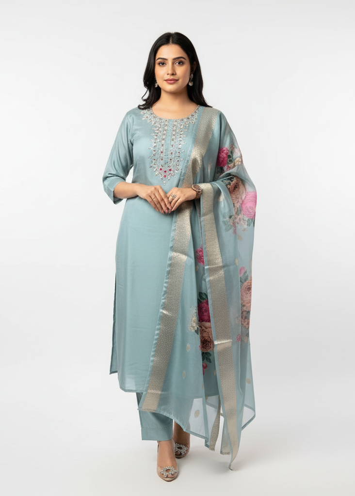 Celestial Bloom Magic Cotton Kurta Set – Misty Aqua Elegance