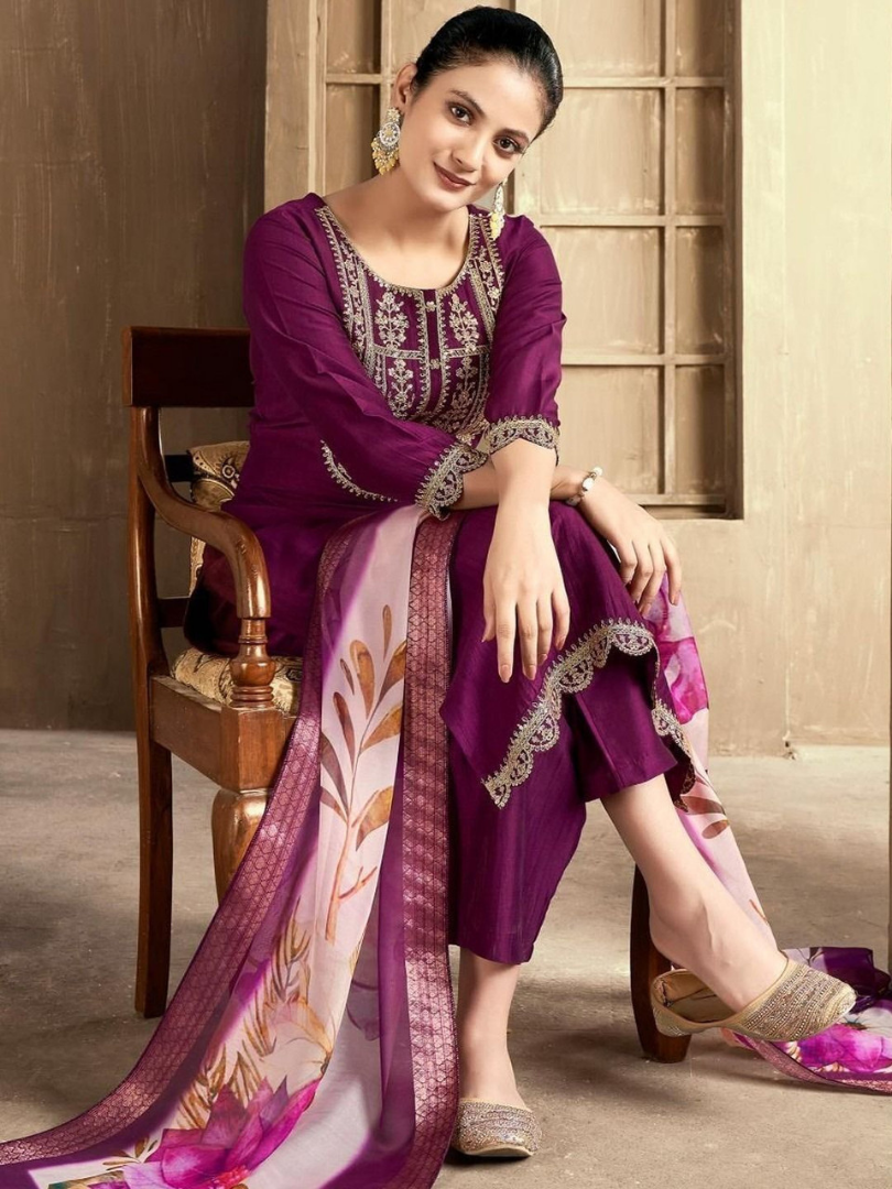 Regal Wine Bloom Embroidered Chanderi Kurta Set