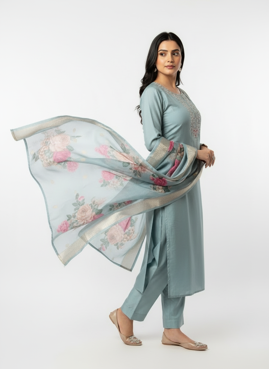 Celestial Bloom Magic Cotton Kurta Set – Misty Aqua Elegance