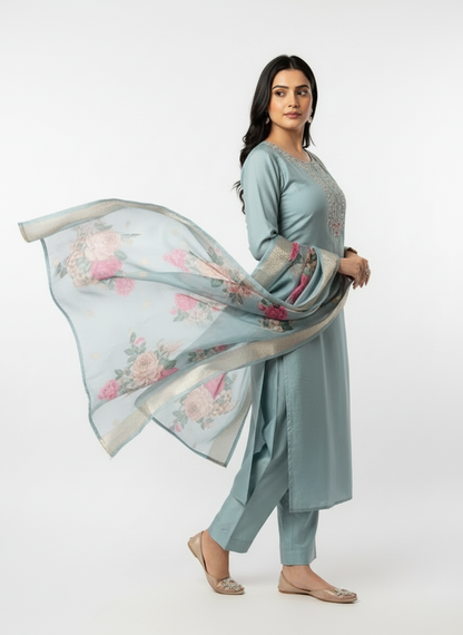 Celestial Bloom Magic Cotton Kurta Set – Misty Aqua Elegance