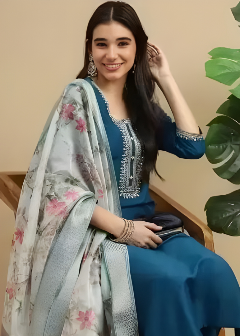 Teal Blue Embroidered Kurta Set