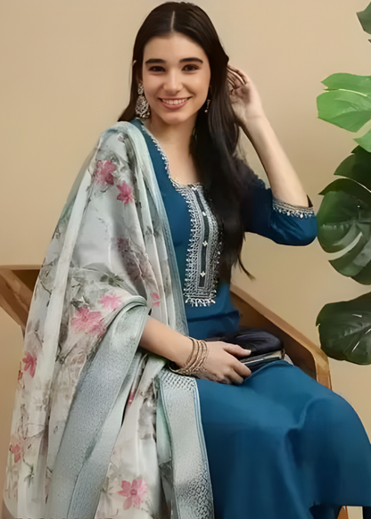 Teal Blue Embroidered Kurta Set