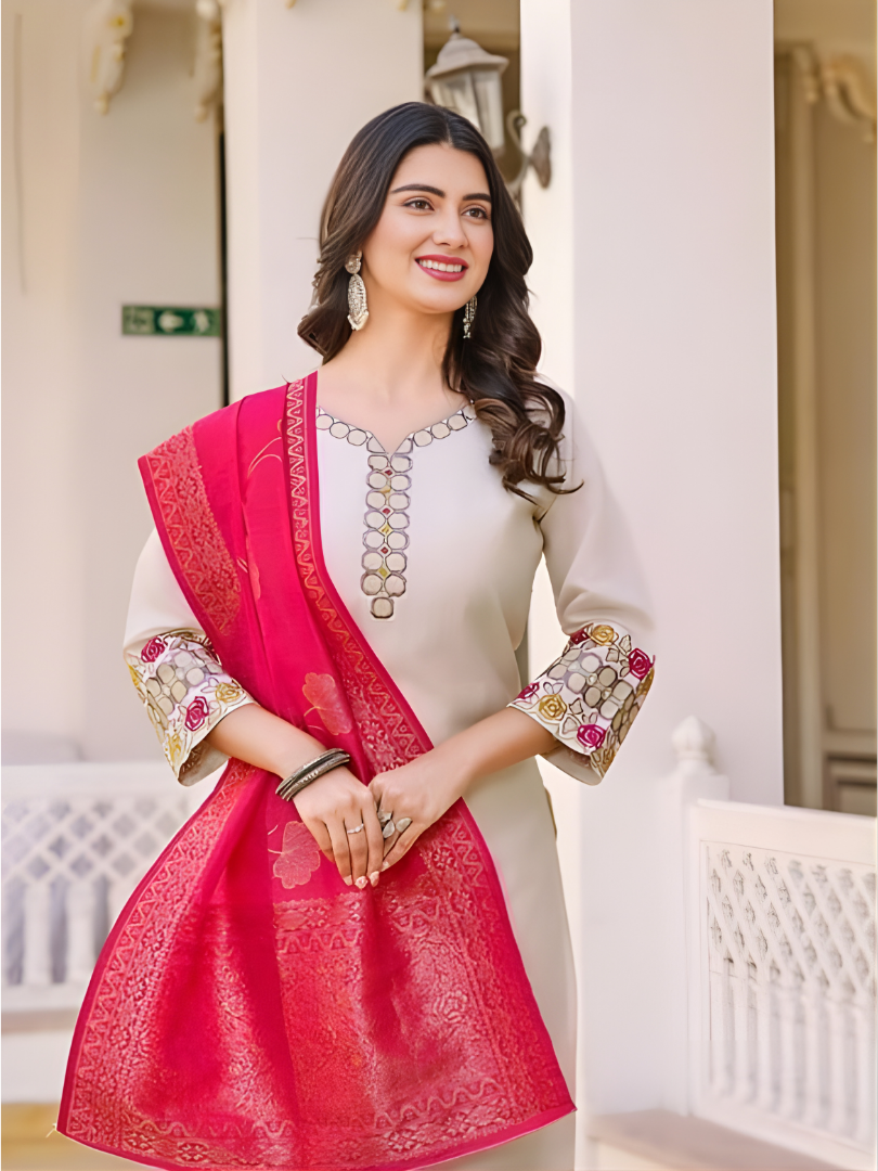 Regal Ivory Rosette Jacquard Kurta Set