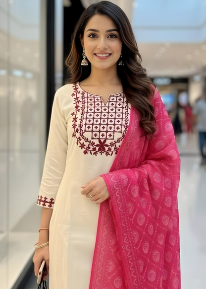 Ivory Floral Embroidered Kurta Set