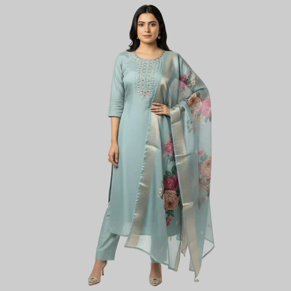 Celestial Bloom Magic Cotton Kurta Set – Misty Aqua Elegance