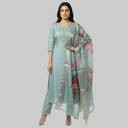 Celestial Bloom Magic Cotton Kurta Set – Misty Aqua Elegance