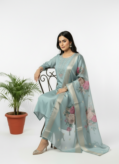 Celestial Bloom Magic Cotton Kurta Set – Misty Aqua Elegance