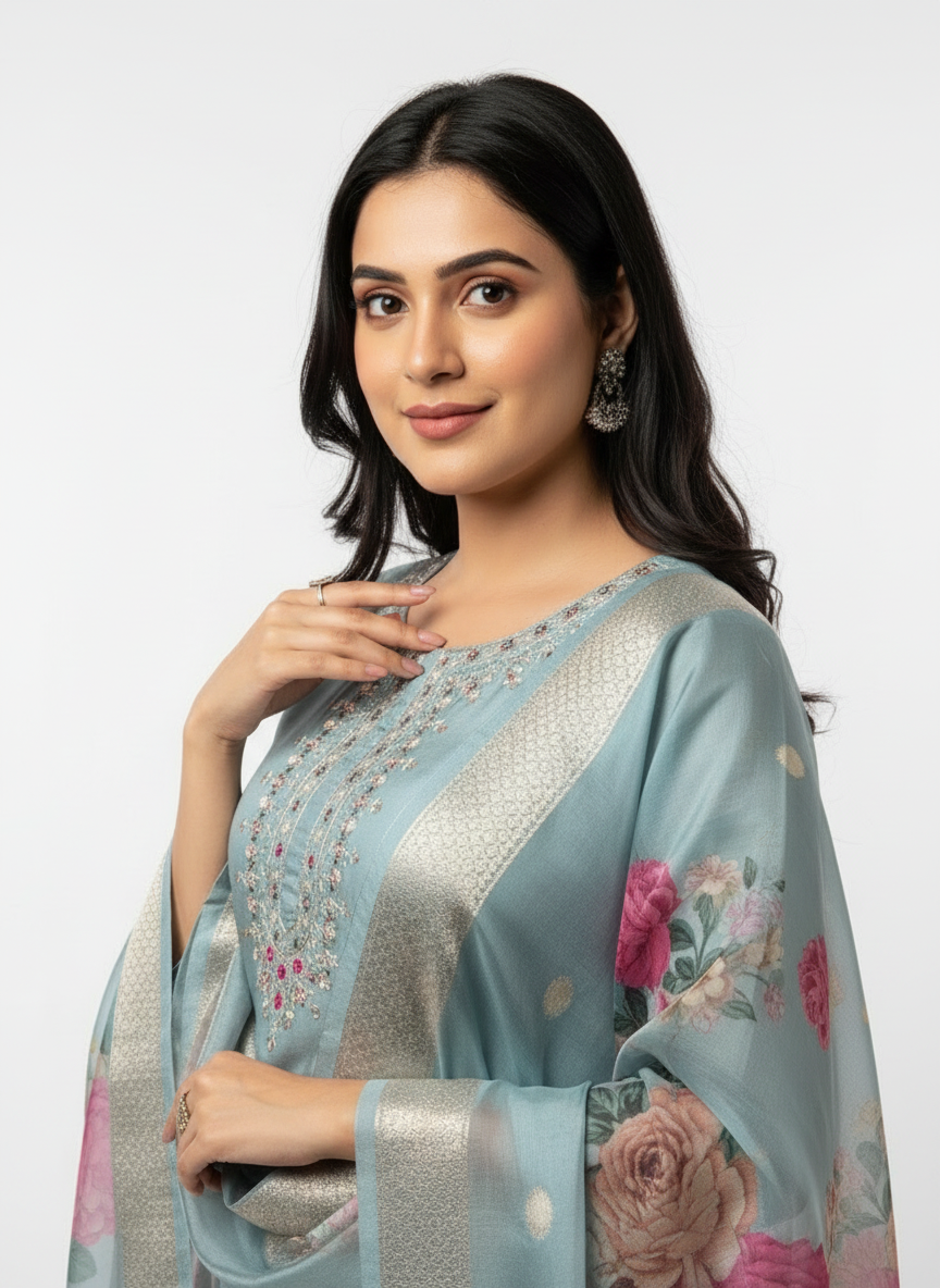 Celestial Bloom Magic Cotton Kurta Set – Misty Aqua Elegance